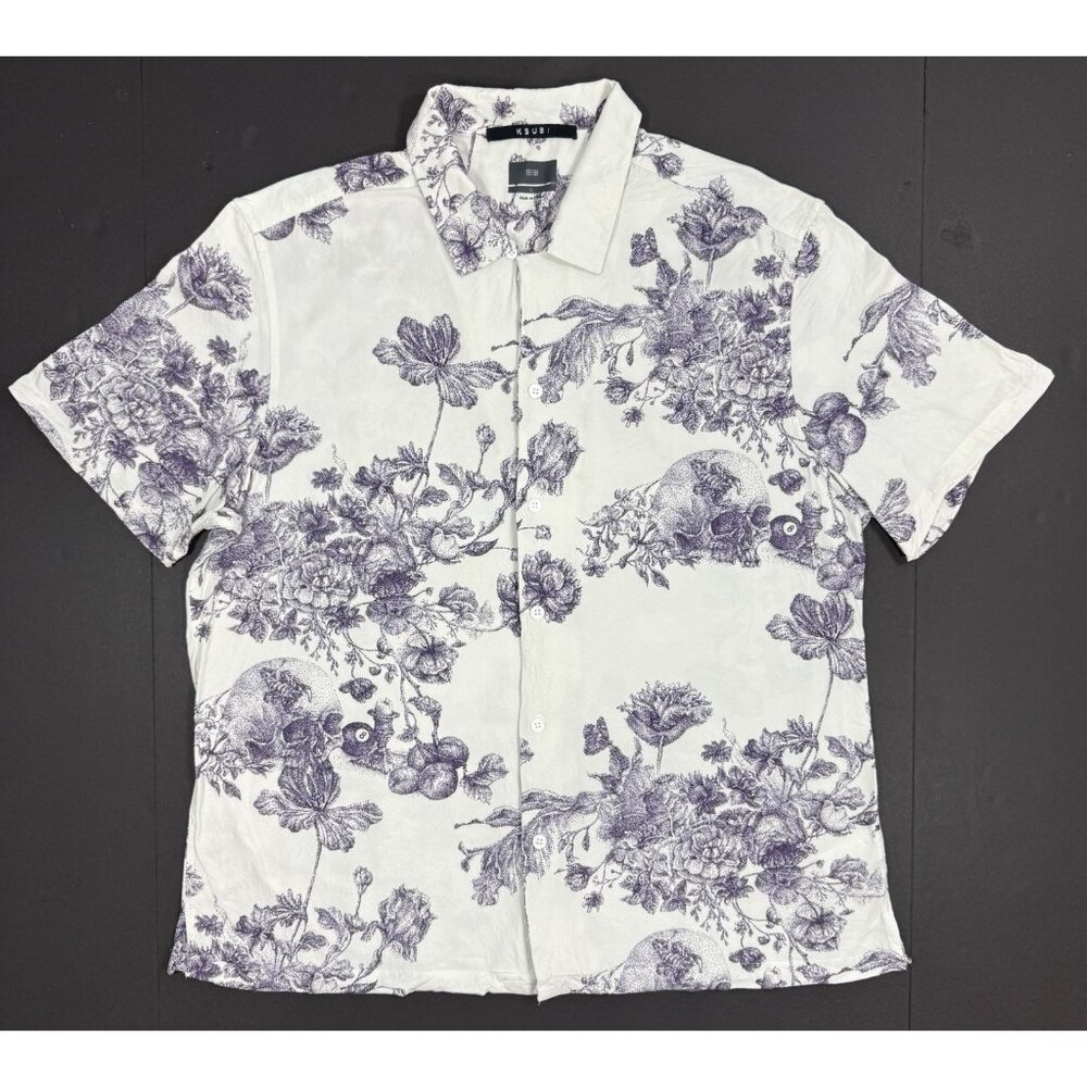 Ksubi Mens Camp Shirt Size Large Skull Floral Graphic Print Resort Short Sleeve